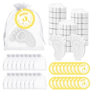 Imagem de 50 conjuntos de lembrancinhas de chá de bebê para convidados, sabonetes de bebê, lembrancinhas de festa, mini sabonete perfumado feito à mão com etiquetas de agradecimento e sacos de organza para