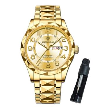 Imagem de BINBOND Relógio masculino de luxo, analógico, quartzo, aço inoxidável, negócios, dois tons, casual, com data, à prova d'água, luminoso, Dourado, relógios masculinos