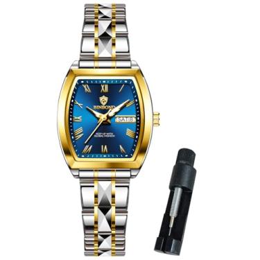 Imagem de BINBOND Relógio feminino quadrado, moderno, luxuoso, elegante, de aço inoxidável, relógio de pulso feminino, à prova d'água, luminoso, Relógio feminino azul dourado, relógios femininos