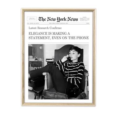 Imagem de iHery Inovadora arte de parede emoldurada de jornal Audrey Hepburn de madeira de carvalho natural de 30,5 x 40,6 cm, elegância moderna está fazendo uma declaração, mesmo no telefone, decoração de