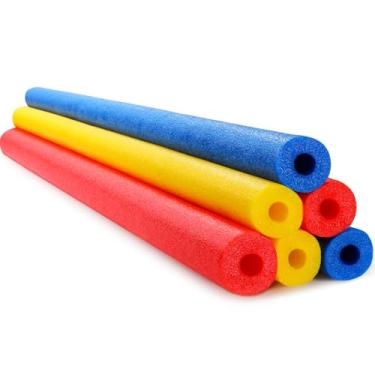 Imagem de Hollowfly Pacote com 6 macarrão de piscina jumbo tubo de espuma flutuante extra grande vazado brilhante macarrão de piscina resistente para meninos meninas e adultos (vermelho, amarelo, azul, 101 x 4