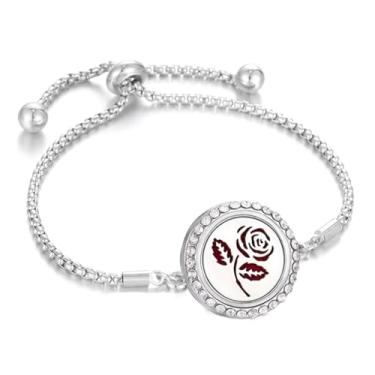 Imagem de BlingNuts Pulseira de aço inoxidável com difusor de óleo essencial de zircônia cúbica com medalhão de aromaterapia com 10 almofadas de refil para mulheres