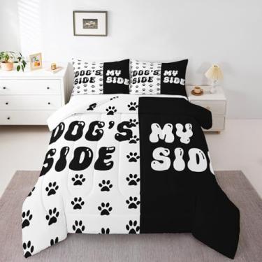 Imagem de Jogo de cama King com estampa de patas de cachorro fofo, decoração de quarto de meninos e meninas, edredom rústico Kawaii, com enchimento de edredom preto e branco, 2 fronhas