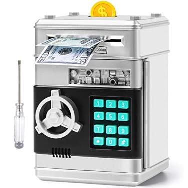 Imagem de Vcertcpl Cofrinho ATM para meninos e meninas, mini caixa multibanco de moedas com senha, pote seguro para crianças para adultos com compartimento para notas de mão, ótimo banco de brinquedos de