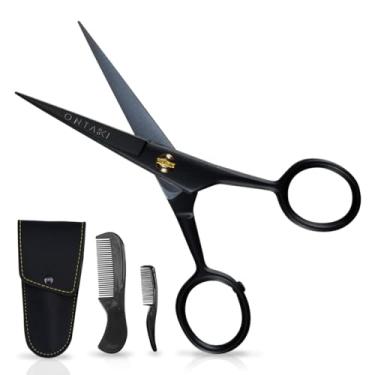 Imagem de ONTAKI 5" Professional German Beard & Mustache Scissors With 2 Comb & Carrying Pouch for Men Hand Forged Bevel Edge For Precision - Perfect Men’s Facial Hair Grooming Kit All Body Facial Hair (Black)