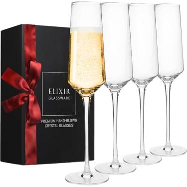 Imagem de Taças de champanhe clássicas – copos de champanhe soprados à mão – Conjunto de 4 taças elegantes, 100% de cristal premium sem chumbo – Presente para casamento, aniversário de casamento, Natal – 227 g, transparente