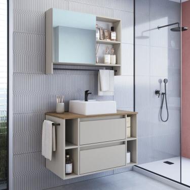 Imagem de Conjunto Para Banheiro Gabinete Suspenso 80cm Com Cuba Espelheira Com Toalheiro Cj8010.20 Mel Arenas