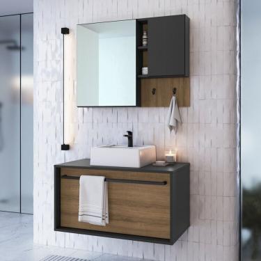 Imagem de Conjunto Para Banheiro Gabinete Suspenso 80cm Com Puxador Toalheiro Cuba E Espelheira Cj8040.10 Mel Grafite