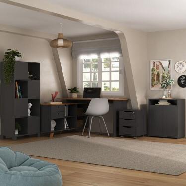 Imagem de Kit 4 Peças Com Escrivaninha Em L Gold, Gaveteiro, Balcão Para Escritório E Estante Livreiro Freijó-preto