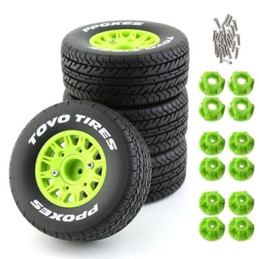 Imagem de Chanmoo Pneus E Rodas Para Caminhão Rc 1/10 Short Course Com 12 Mm, 14 17 Mm Hexagonais, 113 De Borracha 1/8 Escala Ou Carro Estrada Hsp Sonic 94102 Gt Ptg-2 Tamiya Tt02 Racing 4 Peças (Verde A)