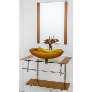 Imagem de Gabinete De Vidro P/Banheiro Inox 70Cm Cuba Abaulada Dourado - Cubas E