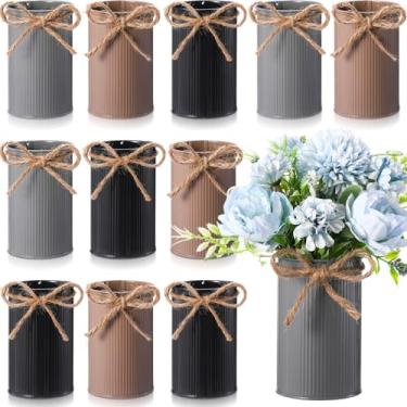 Imagem de Domensi Vaso de fazenda pequeno de 11 cm, vaso de flores vintage com laço de barbante, baldes de metal galvanizado rústico para flores artificiais para casamentos de mesa central (preto, marrom, cinza