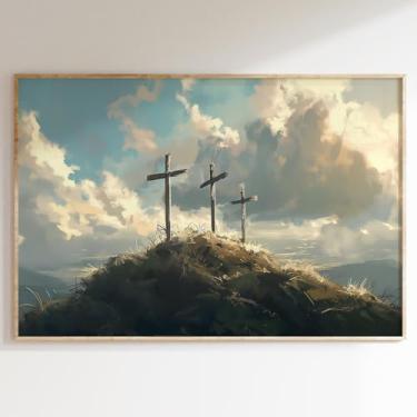 Imagem de Arte de parede em tela cruz pintura vintage céu cristão cruz imagem abstrata religiosa arte de parede Jesus Cristo cruzes pôster vintage montanha pintura moderna católico Jesus arte 40,6 x 61 cm sem