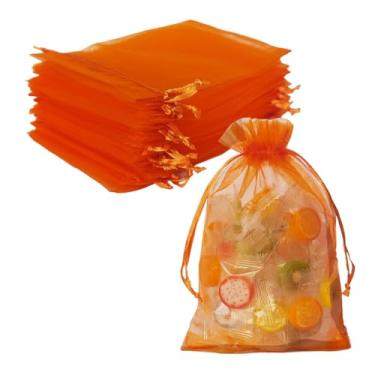Imagem de 50 sacos de presente de organza com cordão, 12,7 x 18 cm, laranja para joias, doces, cílios, batom, pingentes, tecido transparente, sachê de malha transparente para chá de bebê, Natal, lembrancinhas