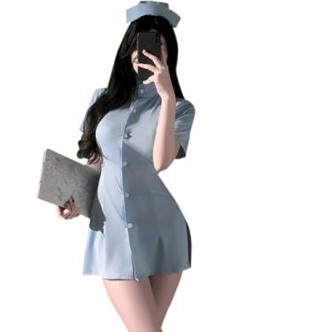 Imagem de SENJIY Lingerie sexy de enfermeira para mulheres, traje de fantasia, uniforme, cosplay, anime, encenação, sedutor, babydoll, botão, perfeito para festa de Halloween, chapéu de cabeça, conjunto de body