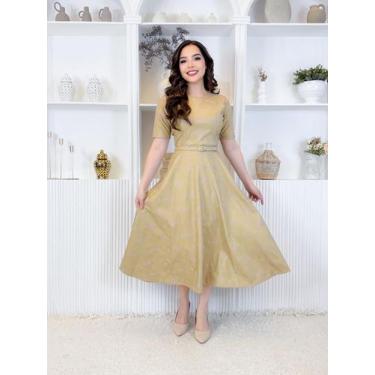Imagem de Vestido Midi de material sintético Feminino Com Cinto Manga 3/4 Elegan