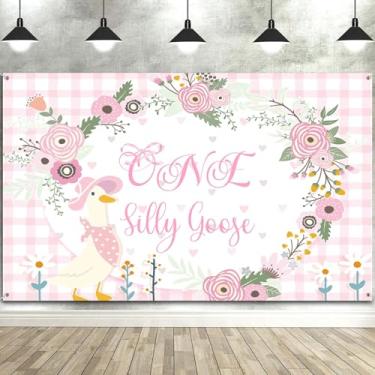 Imagem de Decoração de festa de aniversário de um ganso bobo de 1,8 x 1,5 m, cenário fotográfico para meninas, coroa de flores xadrez rosa, cenários para cabine de fotos, banner, balões e toalha de mesa para