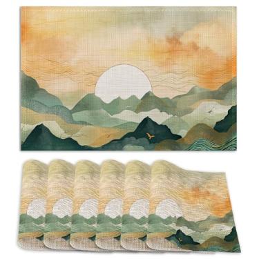 Imagem de Conjunto de tapetes de mesa com paisagem de montanhas para pôr do sol, conjunto de tapetes de mesa de 16,20 x 45,7 cm para mesa de cozinha, laváveis, tapetes de mesa de linho de fazenda, decoração de