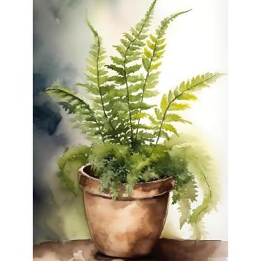 Imagem de PUAGEMTI Kits de pintura de arte de diamante com flores de tulipas de primavera 5D para adultos, pintura em aquarela de samambaia em vaso, pinturas de pontos de diamante para iniciantes, decoração de