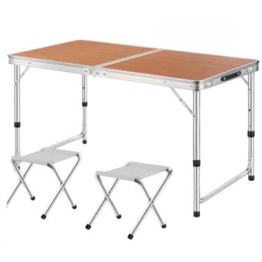 Imagem de Mesa Dobrável Portátil 3 Tamanhos Vira Maleta para Picnic Com Alça Opção com Bancos (MARROM,Mesa Maleta + 2 Bancos (90x60))