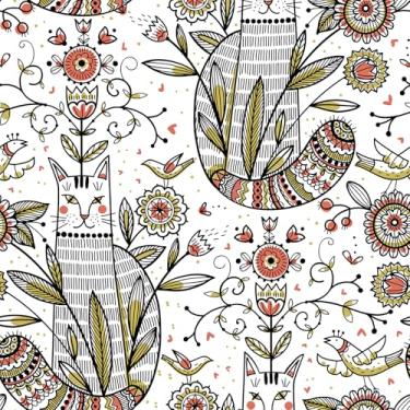Imagem de VEELIKE Papel de parede floral com tema de gato Boho Peel and Stick para berçário, sala de jogos, quarto de crianças, 40 cm x 900 cm, papel de parede floral removível autoadesivo animal caprichoso