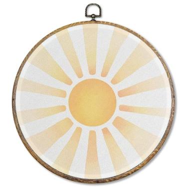 Imagem de Sufamb Decoração de parede redonda Boho Sunshine, arte abstrata em tela emoldurada, arte em tela emoldurada com luz do sol amarelo boho para decoração de sala de aula, 25 x 25 cm
