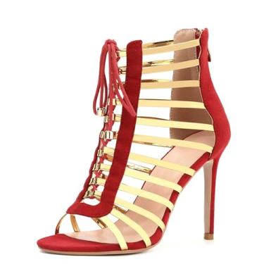 Imagem de Sandálias femininas, salto alto da moda, sandálias com cadarço com franjas, vermelho, amarelo, Faixa vermelha nua, 8.5