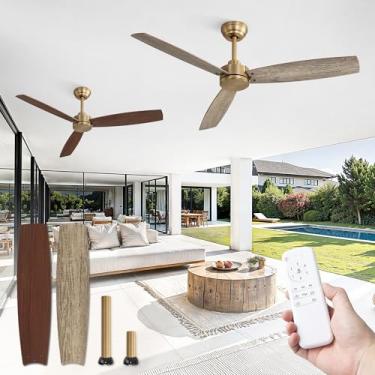 Imagem de ZMISHIBO Pacote com 2 ventiladores de teto externos de 132 cm com controle remoto, ventilador de teto de latão sem luz com motor CC reversível silencioso, 6 velocidades, ventiladores de teto modernos