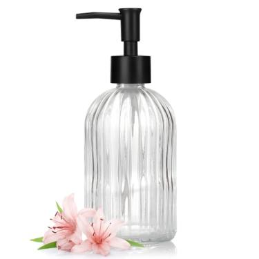 Imagem de Dispensador de sabão de vidro de 382 g com bomba de plástico, dispensador de sabão de mão recarregável com design de listras verticais para lavar as mãos, banheiro e cozinha