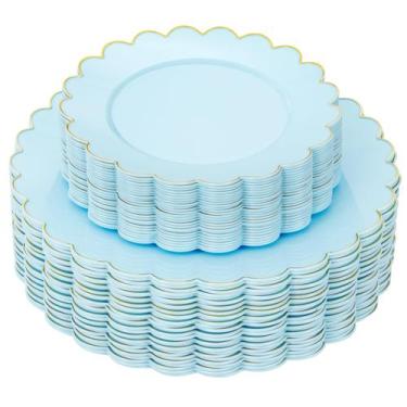 Imagem de Pratos de plástico LIYH Baby Blue com borda dourada 60 unidades - LIYH