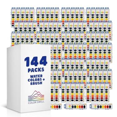 Imagem de Color Swell Conjunto de 144 tintas de aquarela a granel com pincéis de madeira, 8 cores laváveis, perfeitas para crianças, festas de sala de aula, estudantes de todas as idades