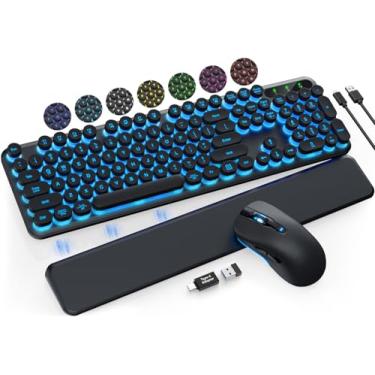Imagem de Teclado e mouse sem fio retroiluminados – Teclado de máquina de escrever com descanso de pulso removível, teclas redondas retrô, letras iluminadas, combo sem fio de 2,4 G para Mac, Windows, PC, laptop
