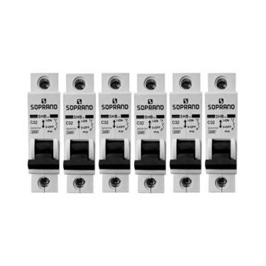 Imagem de Kit 6 Unid. Disjuntor Unipolar 32A DIN Soprano SHB1-C032A