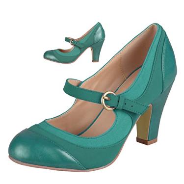 Imagem de SHODENSE Sapatos femininos salto gatinho Mary Jane bico redondo fechado tira no tornozelo patchwork confortável 7,5 cm salto médio grosso Mary Jane bico dois tons fivela sapatos senhoras festa casamento vintage 4-11 M EUA, Patchwork azul claro, 8.5