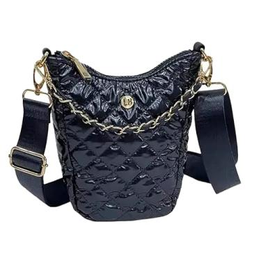 Imagem de lemonbella Bolsa feminina acolchoada Jordyn média para câmera, bolsa tiracolo de nylon com corrente dourada e alça ajustável | Bolsa tiracolo e tiracolo estilosa para o dia a dia, ardósia