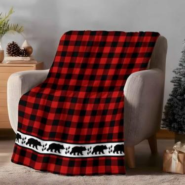 Imagem de Cobertor de Natal Vermelho Preto Buffalo Xadrez Microfibra Flanela Cobertores de Lã Cobertor Macio Confortável Cobertor Quente Fuzzy para Sofá-Cama Uso Todas as Estações, Urso Sombra Pegadas de