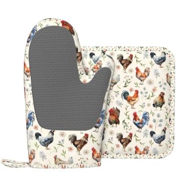 Imagem de Lindo conjunto de luvas de forno de frango e suportes de panela, luvas de forno de silicone resistentes ao calor e antiderrapantes para manusear panelas quentes, panelas, assar, grelhar e churrasco