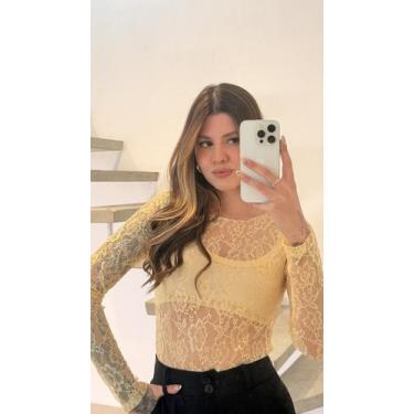 Imagem de Body Feminino Renda Vazada Manga Longa  Look Sofisticado - Cacharrel S