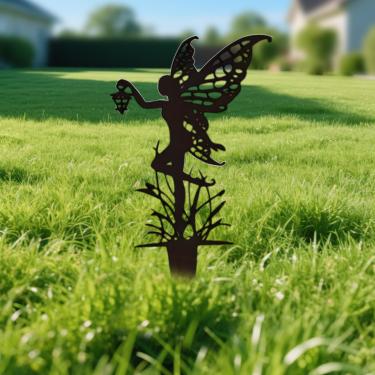 Imagem de Estacas de jardim decorativas ao ar livre escultura de fada de metal com detalhe de lanterna para quintal, gramado, canteiros de flores, pátio, varanda e melhoria da paisagem ao ar livre