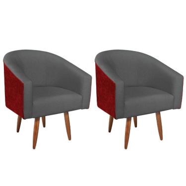 Imagem de Kit 02 Poltronas Luiza Pés Palito Factor Vermelho E Linho Cinza Escuro