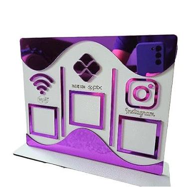 Imagem de Placa Display de Mesa e Balcão para QR Code WIFI PIX INSTAGRAM no MDF Branco e Acrílico Espelhado(Roxa)