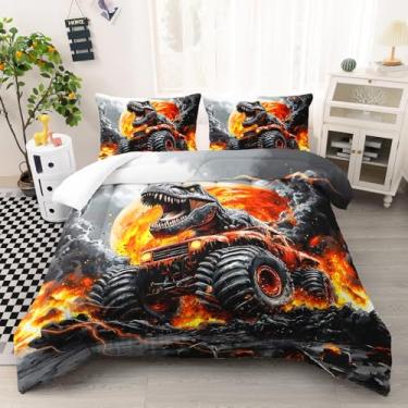 Imagem de AILONEN Conjunto de edredom infantil de caminhão monstro para meninos, tamanho solteiro, tema de dinossauros vulcânicos, 1 colcha + 2 fronhas, microfibra macia, 3 peças