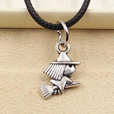 Imagem de EDCRFV Colar pingente de prata tibetana vassoura de bruxa cordão de couro preto feito à mão