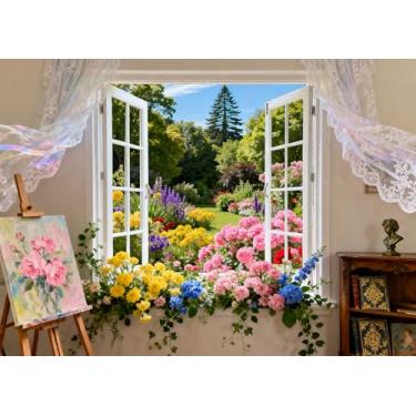 Imagem de DePhoto 2,8 x 1,8 m, primavera, verão, jardim, pano de fundo, branco, clássico, janela, flores desabrochando, pintura a óleo, cortinas de sonho para primavera, aniversário, casamento, chá de bebê