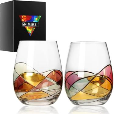 Imagem de Gnimihz Taças de vinho pintadas para vinho tinto ou branco (conjunto de 2), 510 g, taças de vinho grandes para Cabernet, Pinot Noir, Bordeaux (pintado)
