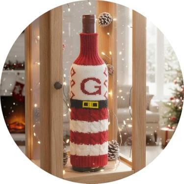 Imagem de Suéter de Natal para garrafa de vinho com letra A – Z, garrafas de manga de malha, decoração de mesa, reutilizável, roupa de garrafa estilo Papai Noel