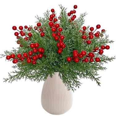 Imagem de Sadoia Pacote com 4 140 peças de flores artificiais de pinheiro de Natal com hastes de frutas vermelhas, palitos de árvore de guirlanda de Natal falsa de 38 cm para decoração de árvore de Natal