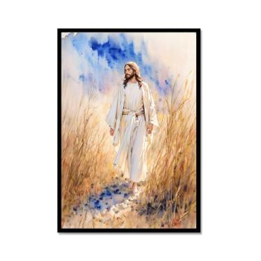 Imagem de Aquarela Jesus Retrato Deus Cristão Arte de Parede Cristo Impressão em Tela Pintura Imagens de Parede para Sala de Estar Decoração de Casa (SKU4,12 x 18 polegadas = (30 x 45 cm), moldura de metal