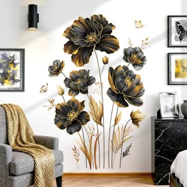 Imagem de decalmile Adesivos de parede com flores douradas pretas grandes, folhas douradas, plantas, borboletas, decalques de parede, quarto, sala de estar, sofá, fundo de TV, decoração de casa