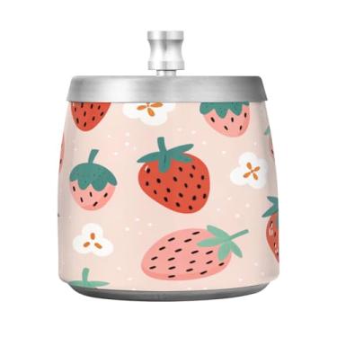 Imagem de Qilmy Cinzeiro fofo de aço inoxidável morango com tampa - Cinzeiro de cigarro à prova de vento sem cheiro sem fumaça para casa, escritório, carro, pátio, varanda (uso interno e externo)